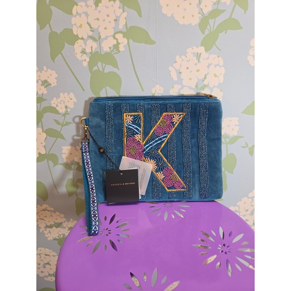 America & Beyond Handbags - America & Beyond Beaded Velvet Monogram K Wristlet Clutch Teal Blue New